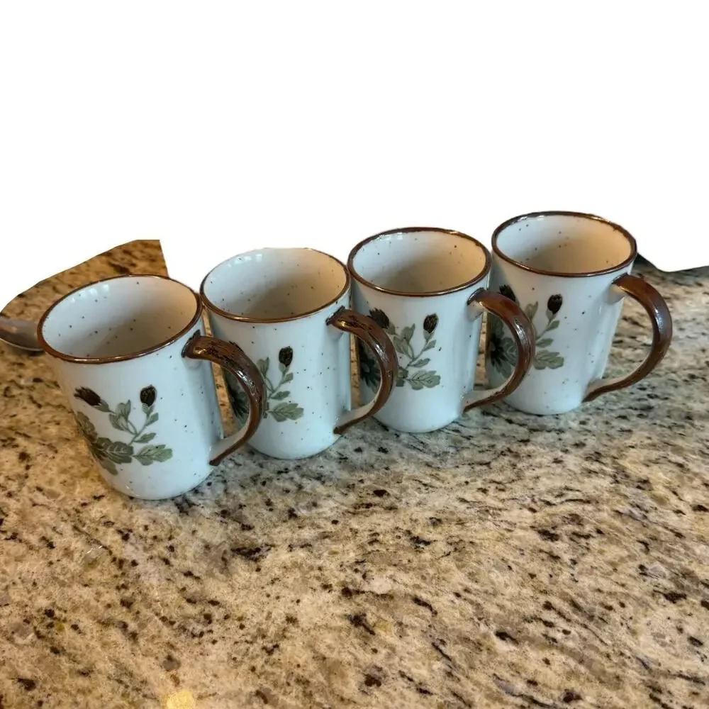 4 Retro CottageCore Floral‎ Speckled Stoneware Mugs Green Brown Flowers EUC